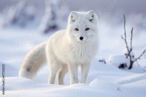 Arctic fox prowling on a snow-blanketed tundra