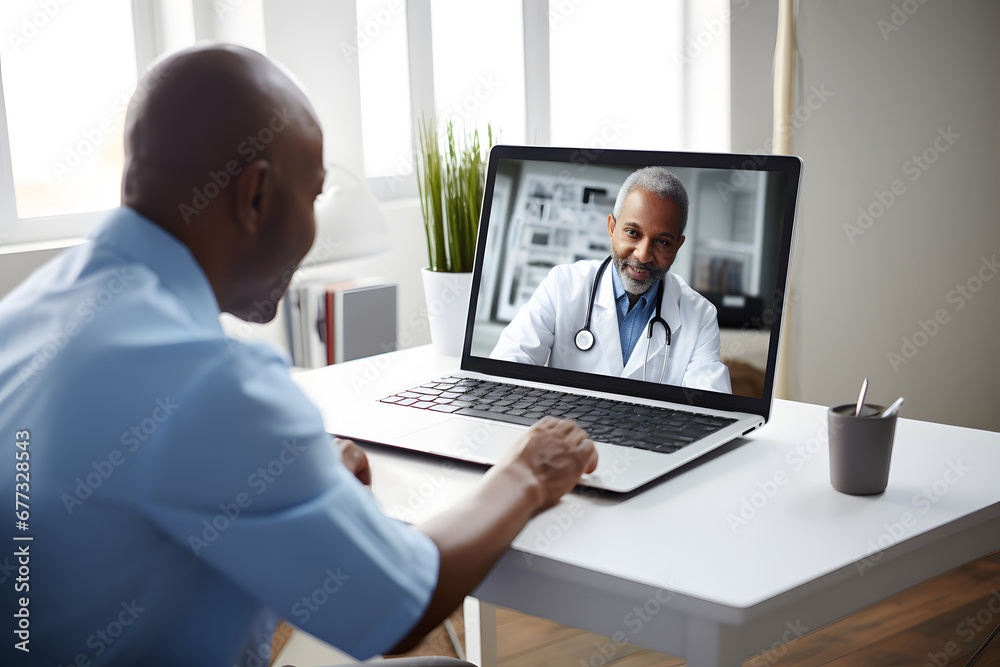 An African-American man looks at a laptop screen and talks to a doctor