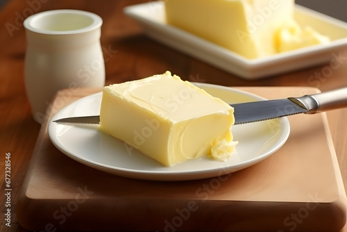 piece of butter and milk cheese on the table. Table knife and breakfast serving photo