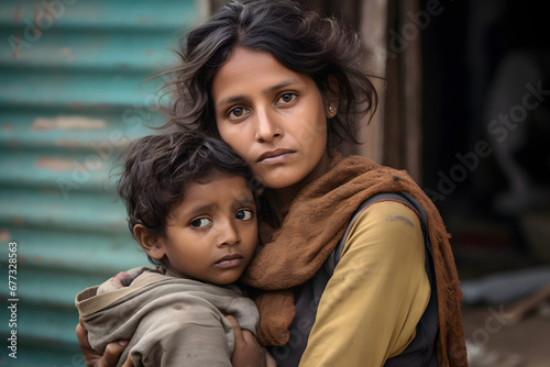 an unhappy Indian mother with a baby in her arms looks anxiously at the camera
