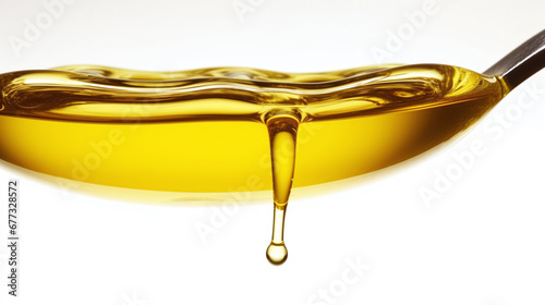 Beautiful golden yellow cooking oil or honey is poured into the picture from above against a white background 