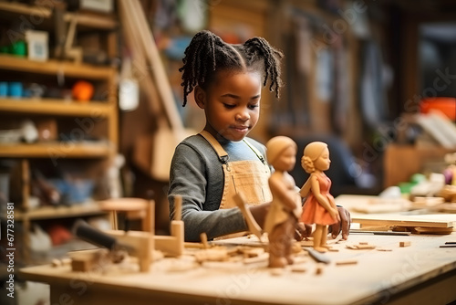 African-American girl makes a wooden doll sitting at a table in a workshop photo