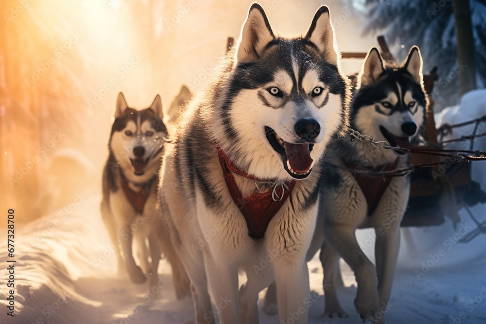 A group of Huskies pulling a sled through a winter wonderland