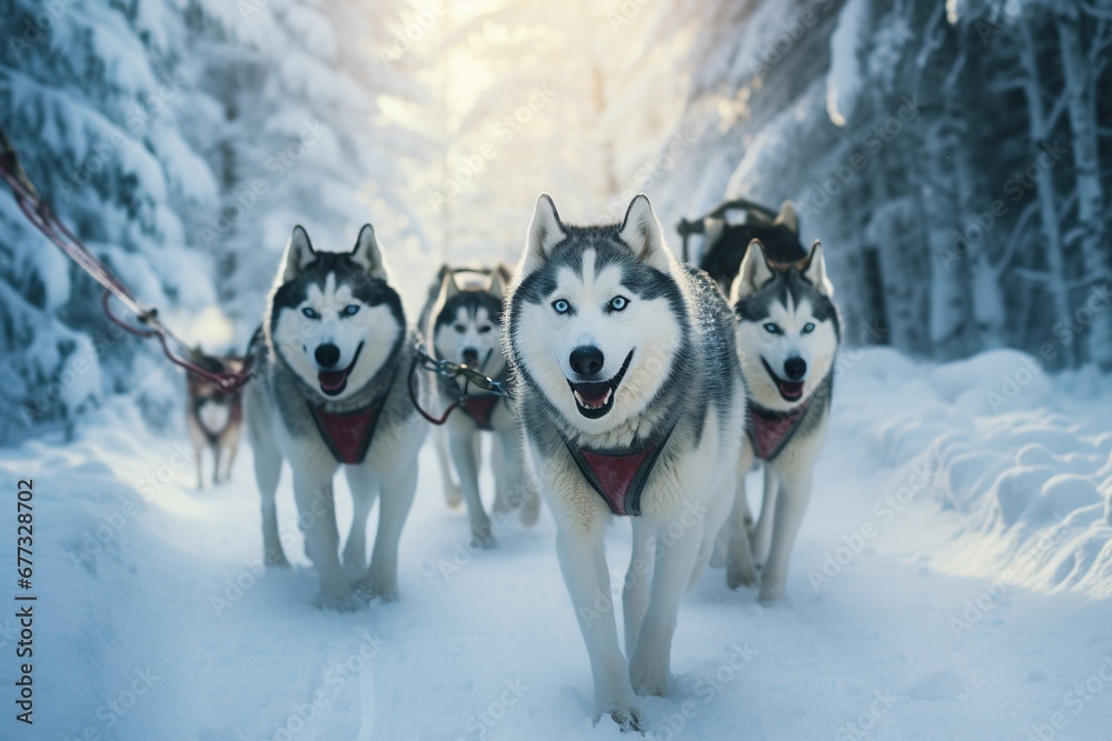 A group of Huskies pulling a sled through a winter wonderland A group of Huskies pulling a sled through a winter wonderland