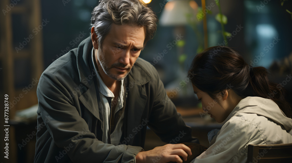 couple looking at each other, Concerned man comforting woman in a dimly lit indoor setting. Emotional support and care concept couple looking at each other, Concerned man comforting woman in a dimly lit indoor setting. Emotional support and care concept