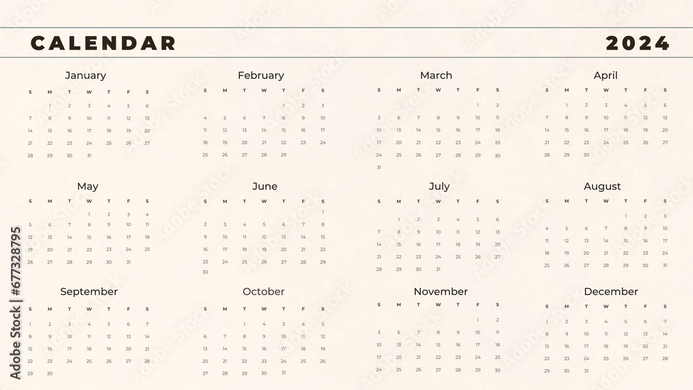 Beige horizontal calendar for 2024. minimalistic 2024 Calendar - obrazy, fototapety, plakaty 