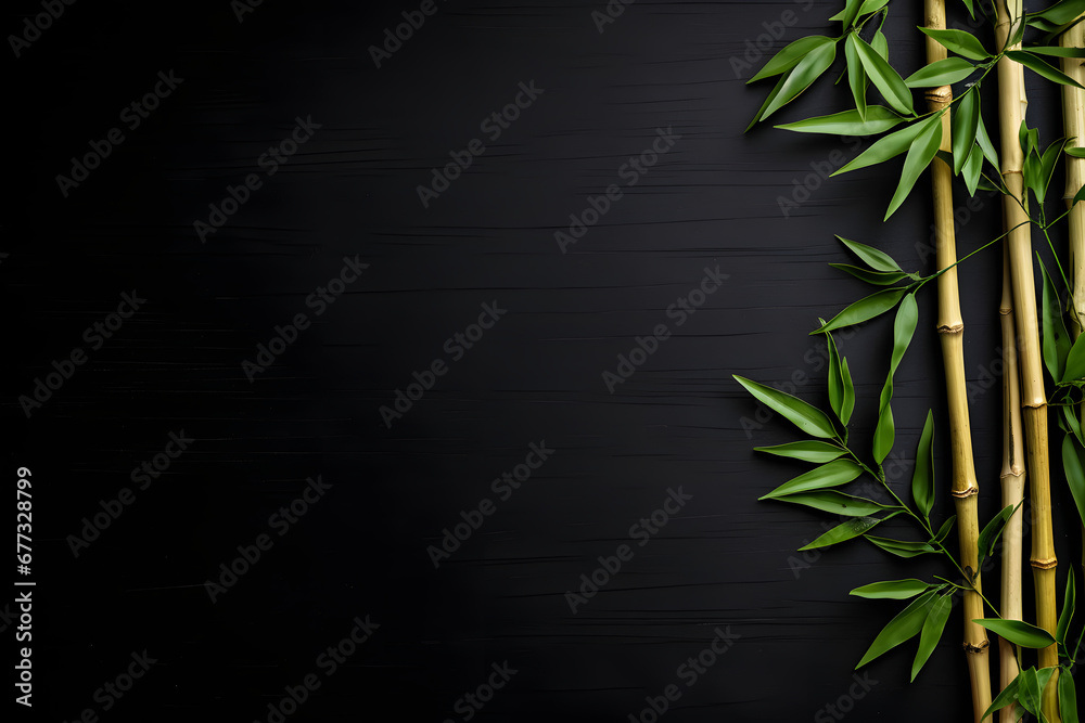 green bamboo shoots on a black textured background with space to copy text - obrazy, fototapety, plakaty 
