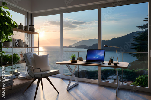 Cozy office with a computer table with a beautiful view of the sea © Андрей Знаменский