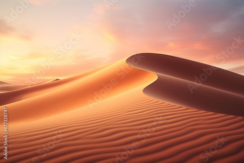 A golden sand dune with rippling textures under a pastel dawn sky