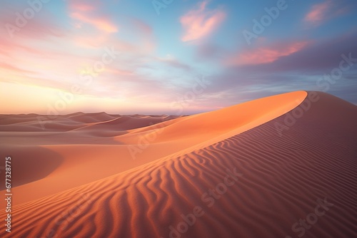 A golden sand dune with rippling textures under a pastel dawn sky