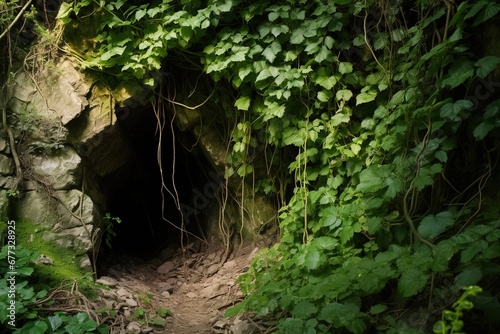 A hidden cave mouth in a ravine wall overgrown with vines and ivy photo