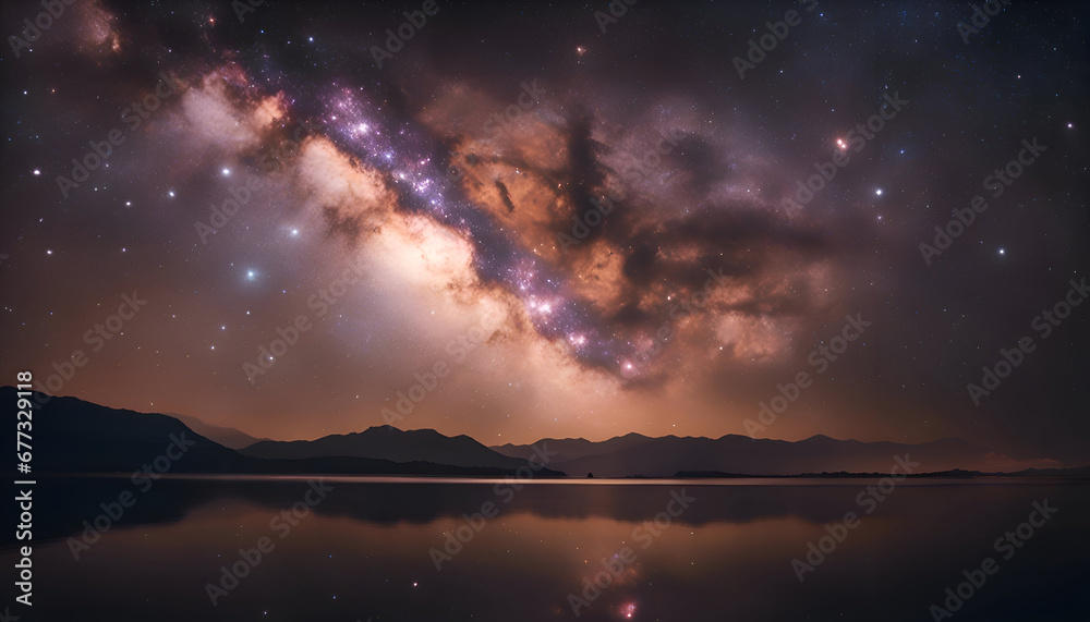 Milky way and stars over the lake at night. 3d rendering