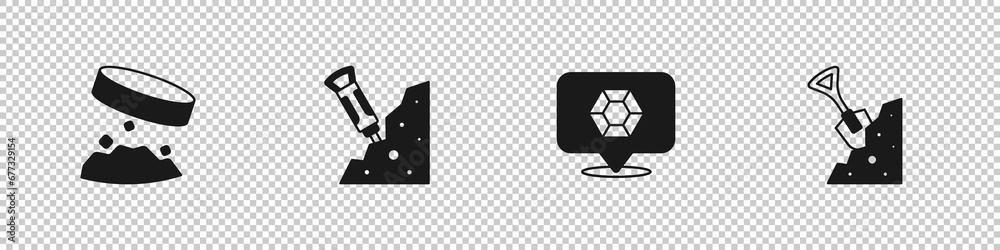 Set Giant magnet holding iron dust, Construction jackhammer, Gem stone and Shovel and icon. Vector Set Giant magnet holding iron dust, Construction jackhammer, Gem stone and Shovel and icon. Vector
