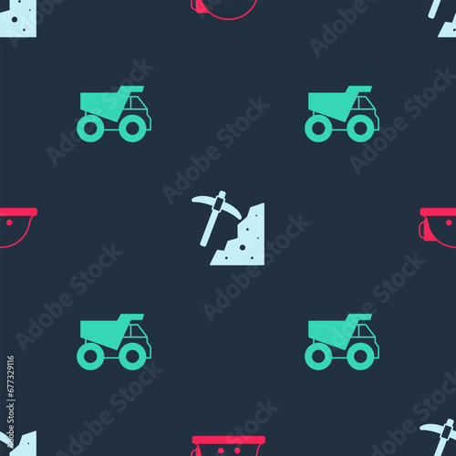 Set Miner helmet, Pickaxe and Mining dump truck on seamless pattern. Vector