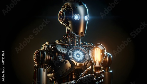 Humanoid robot holding a glowing bulb.