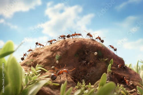 Ants hustling on a sunlit mound photo