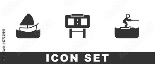 Set Yacht sailboat, Sport mechanical scoreboard and Water skiing man icon. Vector