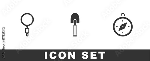 Set Magnifying glass, Shovel and Compass icon. Vector