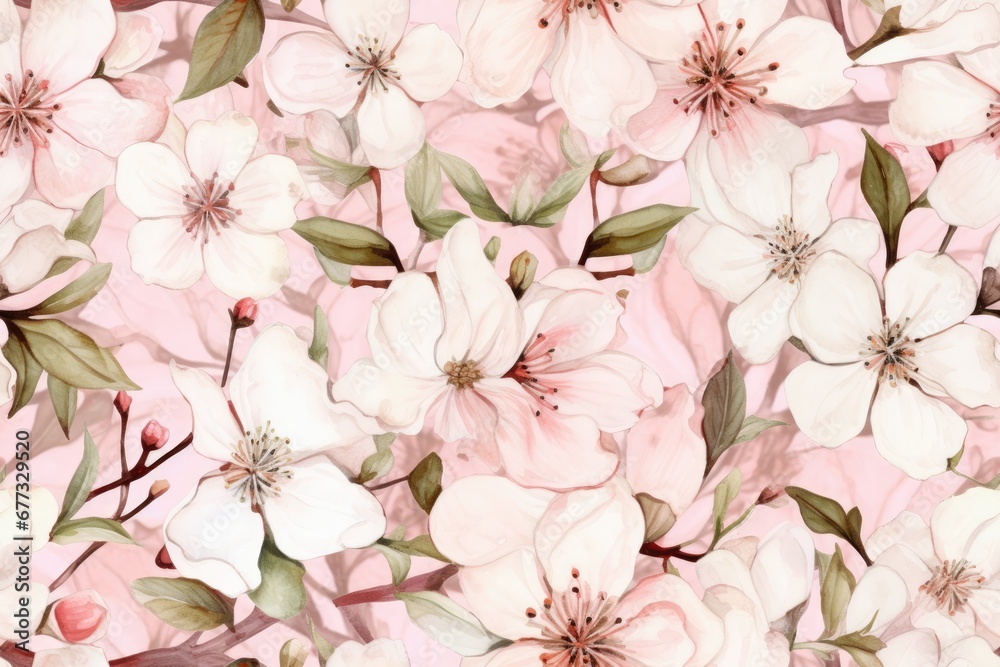 Light pink cherry blossoms. Watercolor painting, abstract floral seamless pattern