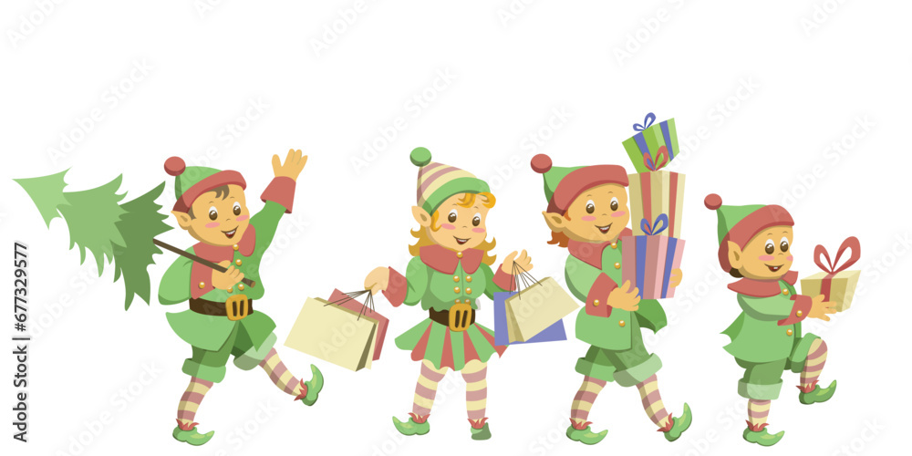 The elves come with gifts and a Christmas tree. Vector illustration.