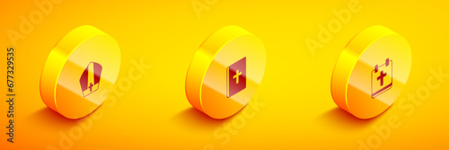 Set Isometric Pope hat, Holy bible book and Calendar with Easter icon. Vector
