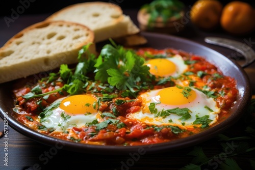 Traditional shakshuka with eggs, tomato and parsley in a iron pan. Israeli food
