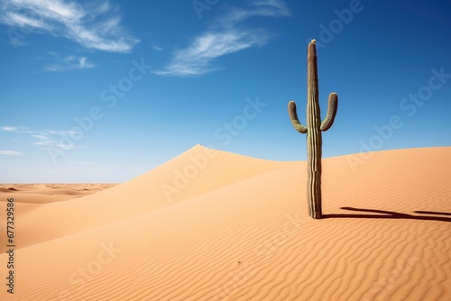 A lone cactus, standing defiantly against the backdrop of sweeping sand dunes photo