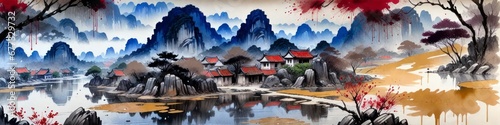 Watercolor banner mountain oriental landscape with lake and village, background for your design © La_Valentina