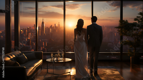 Harmonious newlyweds in love holding hands, enjoying each other's company, the sunset and the lights of the city at night in the apartment, standing by a large panoramic window. New life start concept