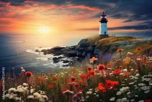A lighthouse in the distance with a field of blooming wildflowers in the foreground at dusk
