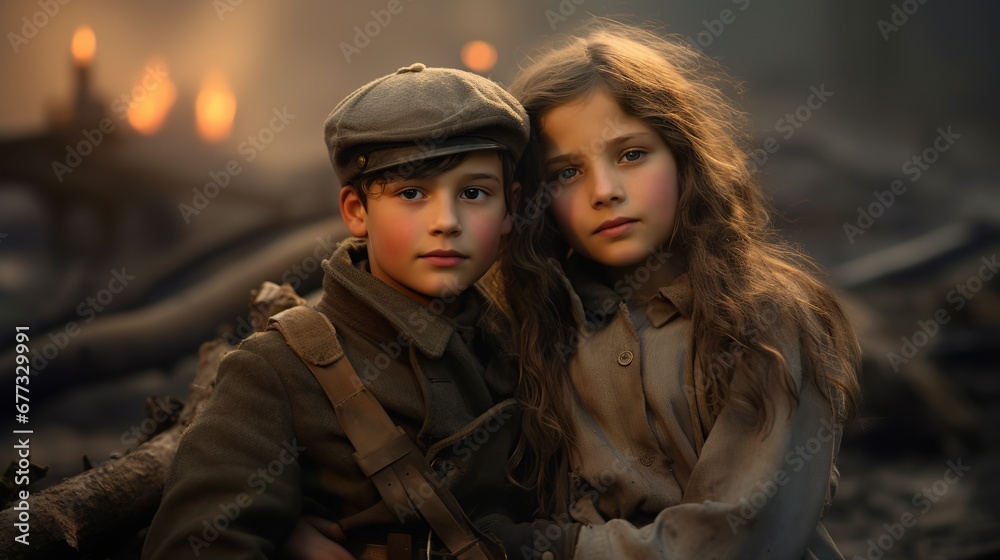 Boy and girl on world war. Children sitting on the debris of destroyed and ruined houses in war zone. War Concept.