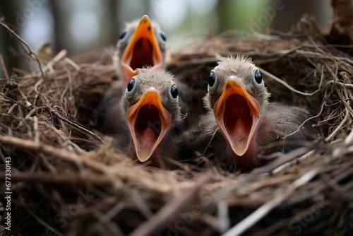 A nest with newly hatched bird chicks, mouths open