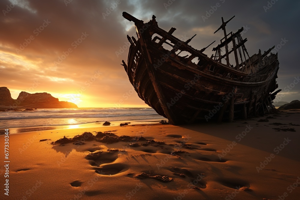 Naklejka premium An old shipwreck half-buried in the sands of a desolate island beach at sunset