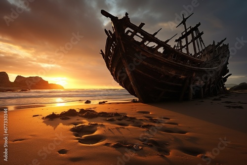 An old shipwreck half-buried in the sands of a desolate island beach at sunset photo