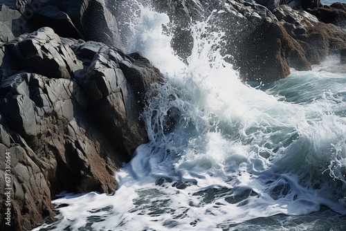 Abstract patterns formed by turbulent sea waves crashing onto rocky shores