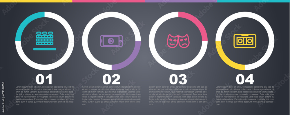 Set line Cinema auditorium with seats, Online play video, Comedy and tragedy masks and VHS cassette tape. Business infographic template. Vector Set line Cinema auditorium with seats, Online play video, Comedy and tragedy masks and VHS cassette tape. Business infographic template. Vector