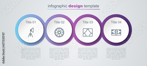 Set line Movie spotlight, Camera shutter, Curtain and Stacks paper money cash. Business infographic template. Vector