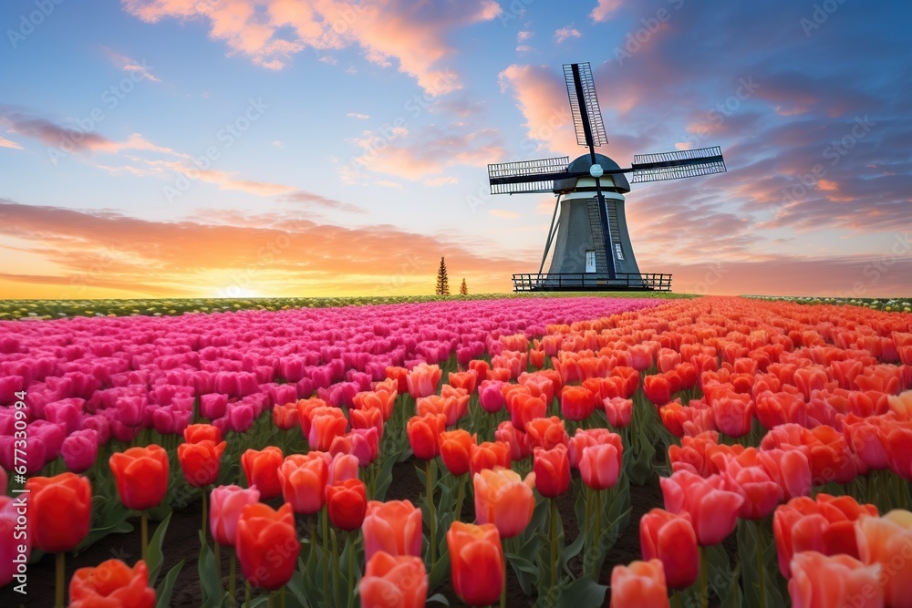 A picturesque windmill standing in a field of blooming tulips
