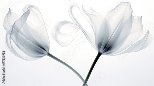  a couple of white flowers sitting next to each other on a white surface with a blurry image of them. #677330952