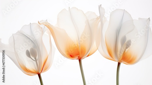  a group of three white flowers sitting next to each other on a white surface with a light reflection on the back of the flowers.
