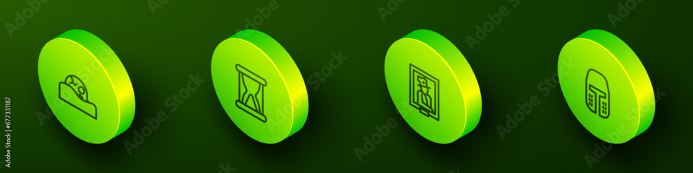 Set Isometric line Human skull, Old hourglass with sand, Portrait in museum and Medieval iron helmet icon. Vector Set Isometric line Human skull, Old hourglass with sand, Portrait in museum and Medieval iron helmet icon. Vector