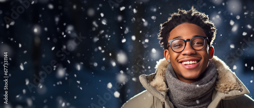 Winter themed teen boy wearing glasses with room for copy space created with Generative AI technology