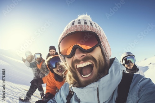 A group of happy smiling friends with ski googles looked at camera in the Ski resort. Beautiful winter sunny day