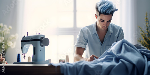 Stylish young fashion designer working on a sewing machine in tailor studio, blurred bright background photo