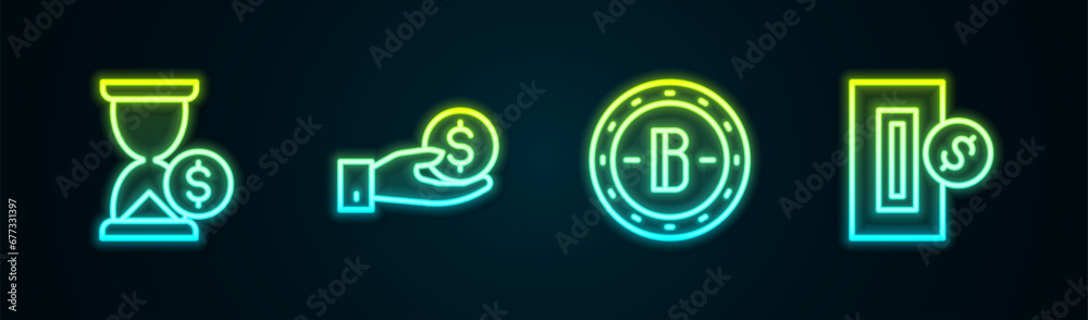 Set line Hourglass with dollar, Hand giving money, Bitcoin and Inserting. Glowing neon icon. Vector Set line Hourglass with dollar, Hand giving money, Bitcoin and Inserting. Glowing neon icon. Vector