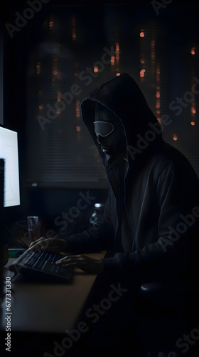 Hooded hacker stealing data from a computer late at night.