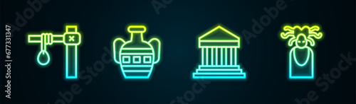 Set line Gallows, Ancient amphorae, Parthenon and Medusa Gorgon. Glowing neon icon. Vector