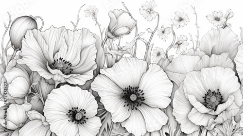  a bunch of flowers that are in the middle of a line art drawing of a bunch of flowers that are in the middle of a line art drawing of a line art drawing of flowers.