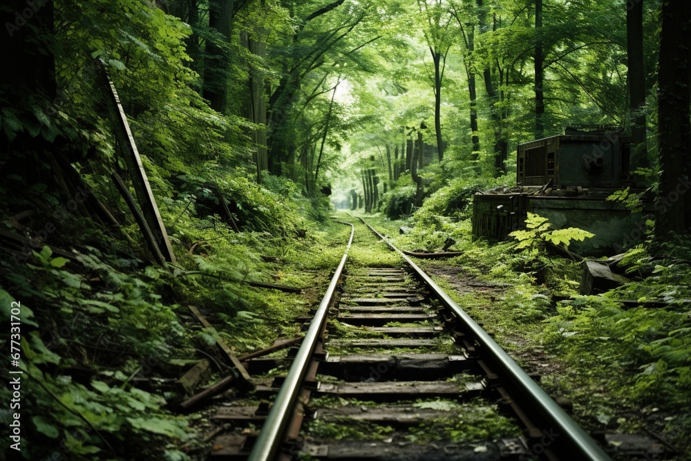 Abandoned railroad tracks winding through a densely wooded ravine