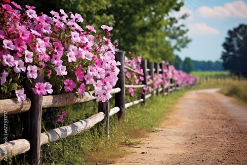 A rustic wooden fence lining a country road, with blooming flowers on either side